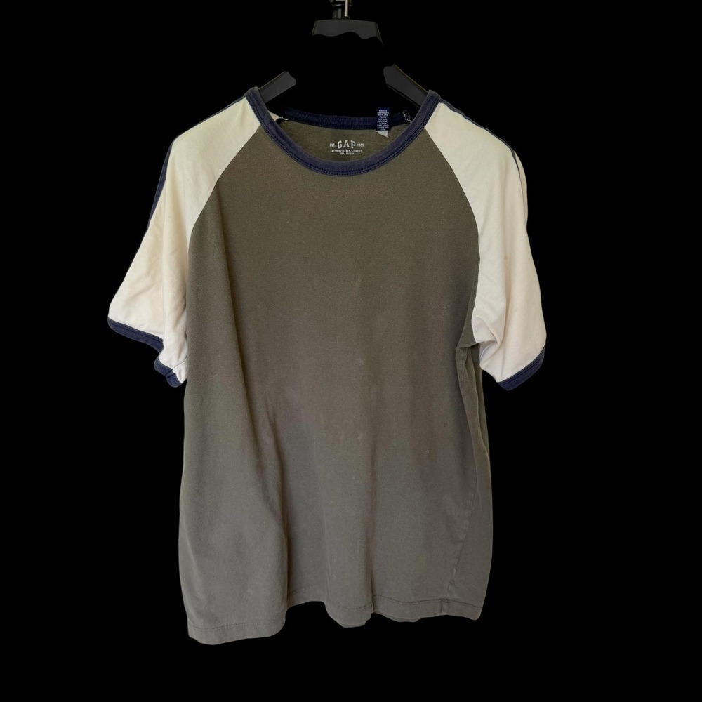 90's Gap 1969 Large Athletic Fit Raglan Baseball T-Shirt Olive Green Cream Navy